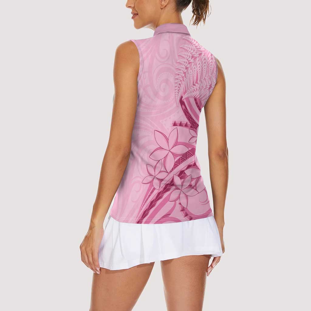 Aotearoa Maori Women Sleeveless Polo Shirt Pink Fern Ribbons - Aussie Hoodie
