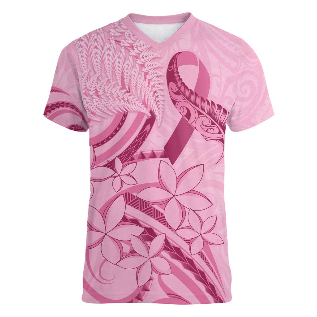 Aotearoa Maori Women V-Neck T-Shirt Pink Fern Ribbons - Aussie Hoodie