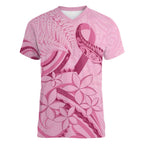 Aotearoa Maori Women V-Neck T-Shirt Pink Fern Ribbons - Aussie Hoodie