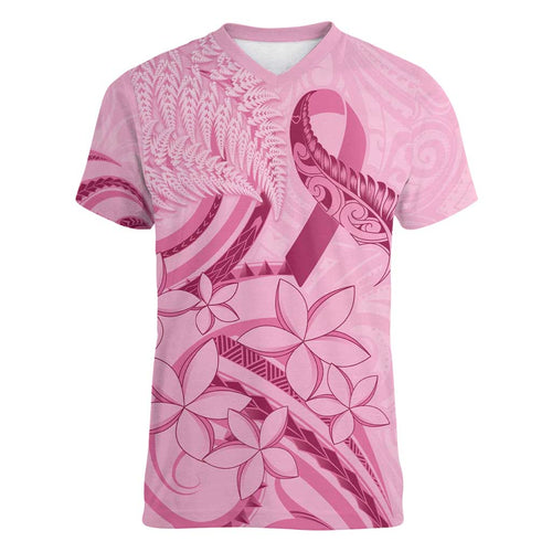 Aotearoa Maori Women V-Neck T-Shirt Pink Fern Ribbons - Aussie Hoodie