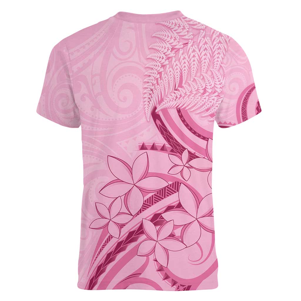 Aotearoa Maori Women V-Neck T-Shirt Pink Fern Ribbons - Aussie Hoodie