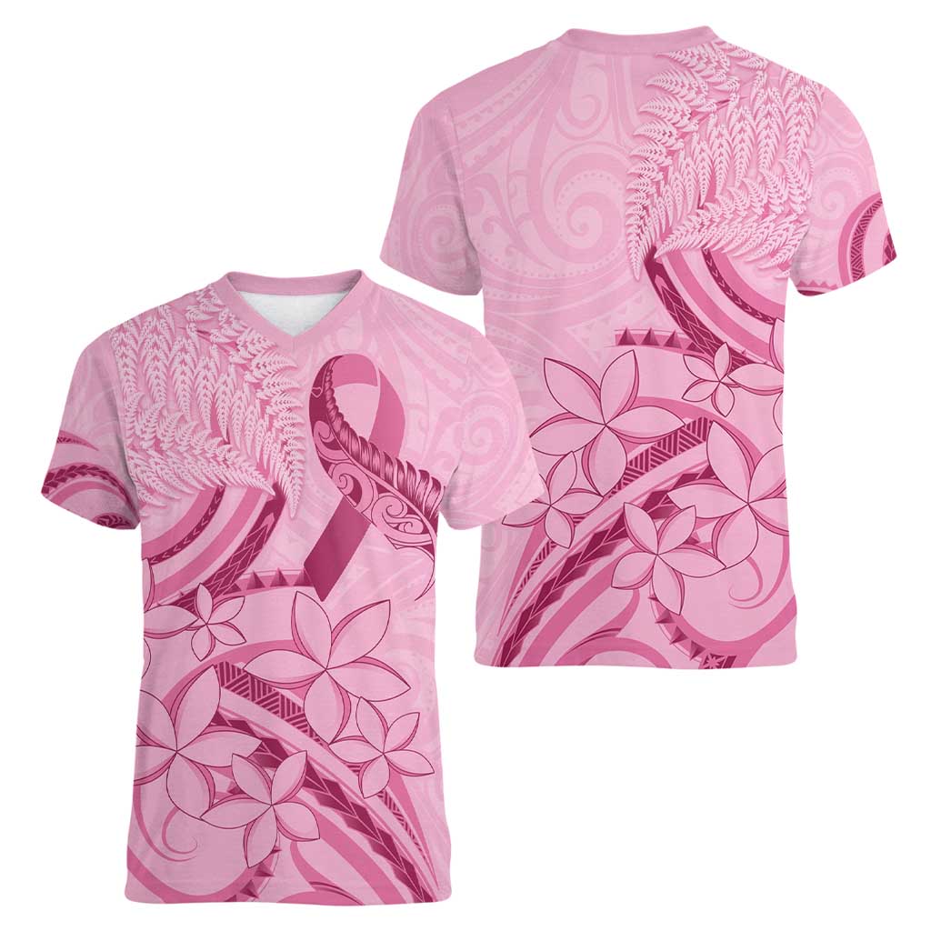 Aotearoa Maori Women V-Neck T-Shirt Pink Fern Ribbons - Aussie Hoodie