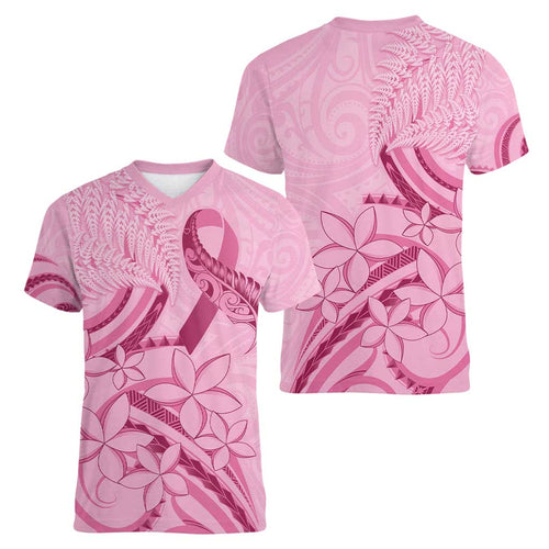 Aotearoa Maori Women V-Neck T-Shirt Pink Fern Ribbons - Aussie Hoodie