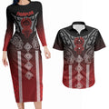 Aotearoa Maori Iwi Heritage Couples Matching Long Sleeve Bodycon Dress and Hawaiian Shirt Ngapuhi Kokowai