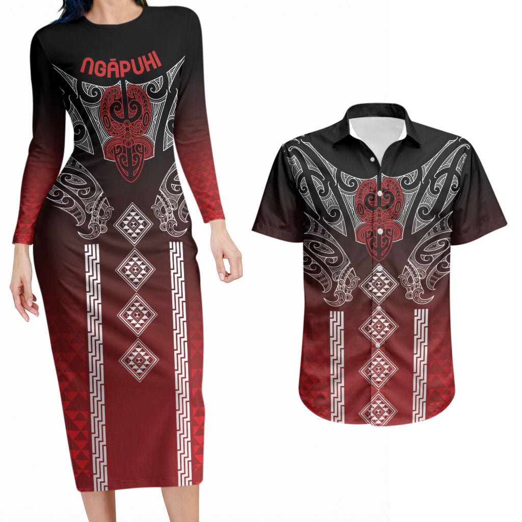 Aotearoa Maori Iwi Heritage Couples Matching Long Sleeve Bodycon Dress and Hawaiian Shirt Ngapuhi Kokowai
