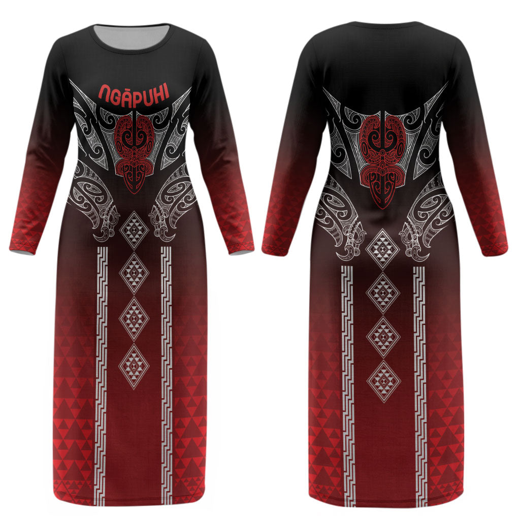 Aotearoa Maori Iwi Heritage Couples Matching Long Sleeve Bodycon Dress and Hawaiian Shirt Ngapuhi Kokowai