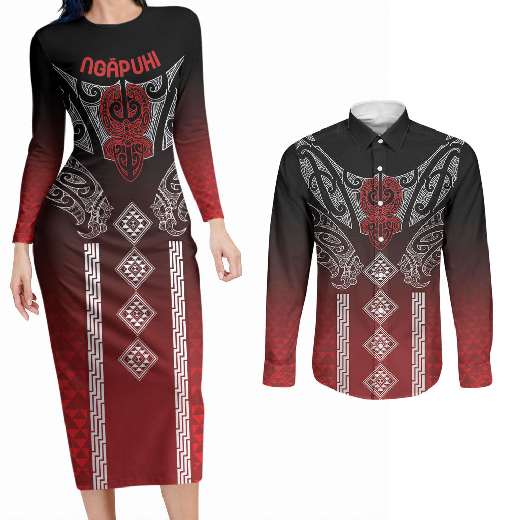 Aotearoa Maori Iwi Heritage Couples Matching Long Sleeve Bodycon Dress and Long Sleeve Button Shirt Ngapuhi Kokowai