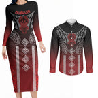 Aotearoa Maori Iwi Heritage Couples Matching Long Sleeve Bodycon Dress and Long Sleeve Button Shirt Ngapuhi Kokowai