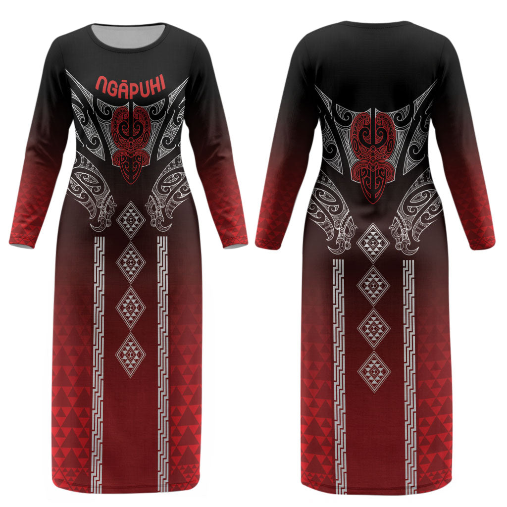 Aotearoa Maori Iwi Heritage Couples Matching Long Sleeve Bodycon Dress and Long Sleeve Button Shirt Ngapuhi Kokowai