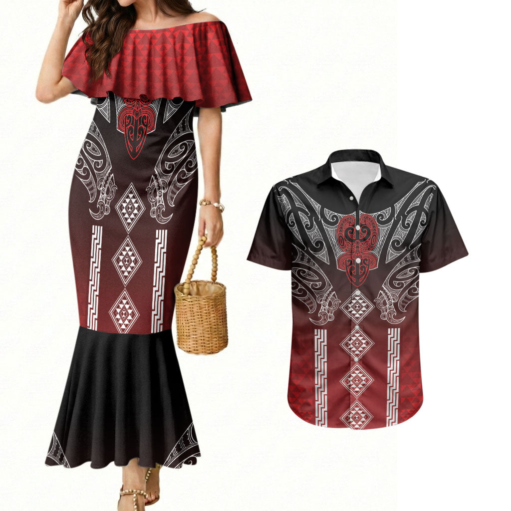 Aotearoa Maori Iwi Heritage Couples Matching Mermaid Dress and Hawaiian Shirt Ngapuhi Kokowai