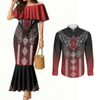 Aotearoa Maori Iwi Heritage Couples Matching Mermaid Dress and Long Sleeve Button Shirt Ngapuhi Kokowai