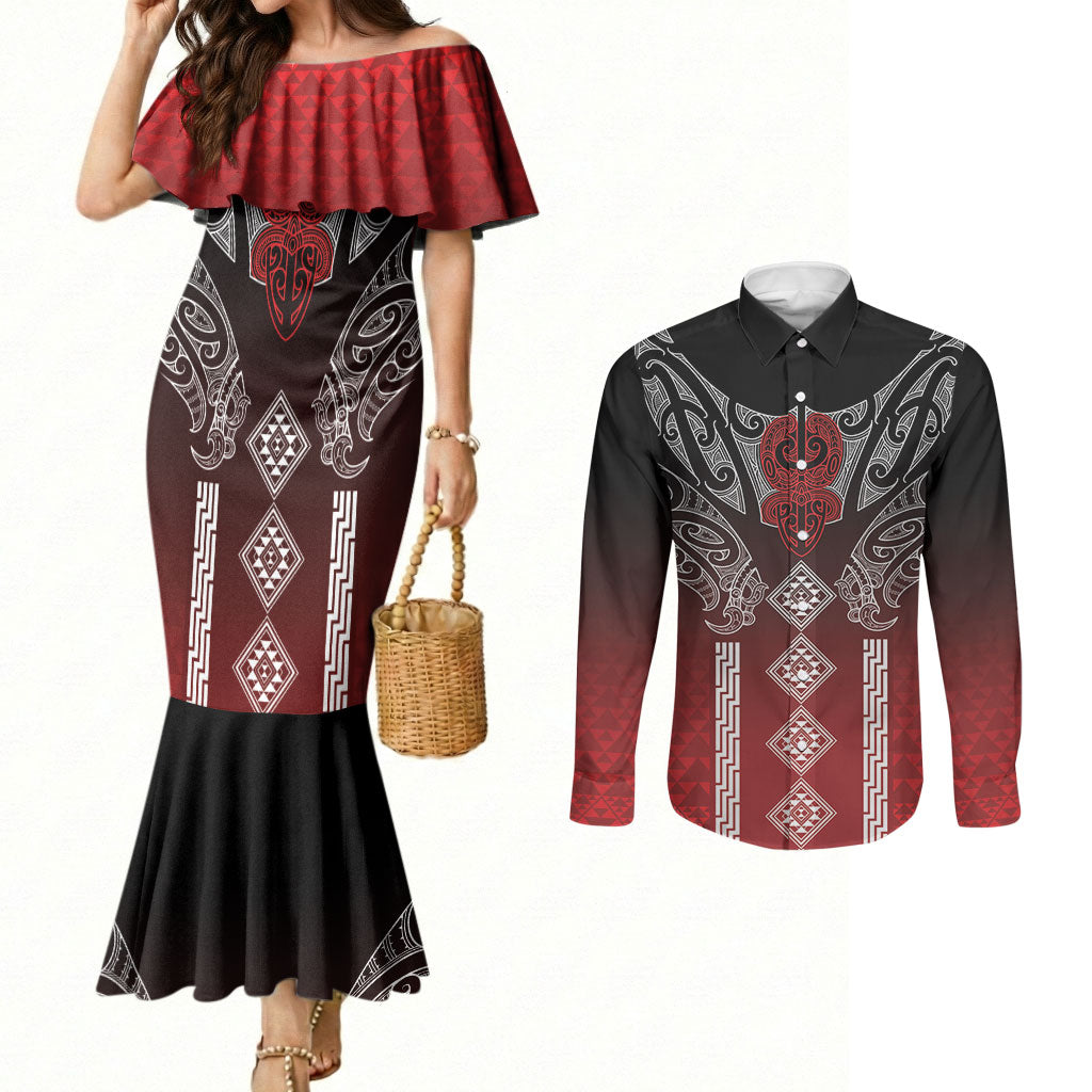 Aotearoa Maori Iwi Heritage Couples Matching Mermaid Dress and Long Sleeve Button Shirt Ngapuhi Kokowai