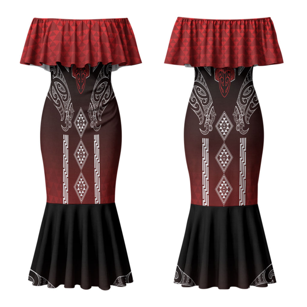 Aotearoa Maori Iwi Heritage Couples Matching Mermaid Dress and Long Sleeve Button Shirt Ngapuhi Kokowai