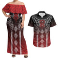 Aotearoa Maori Iwi Heritage Couples Matching Off Shoulder Maxi Dress and Hawaiian Shirt Ngapuhi Kokowai