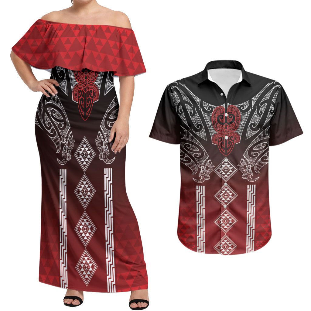 Aotearoa Maori Iwi Heritage Couples Matching Off Shoulder Maxi Dress and Hawaiian Shirt Ngapuhi Kokowai