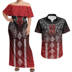 Aotearoa Maori Iwi Heritage Couples Matching Off Shoulder Maxi Dress and Hawaiian Shirt Ngapuhi Kokowai