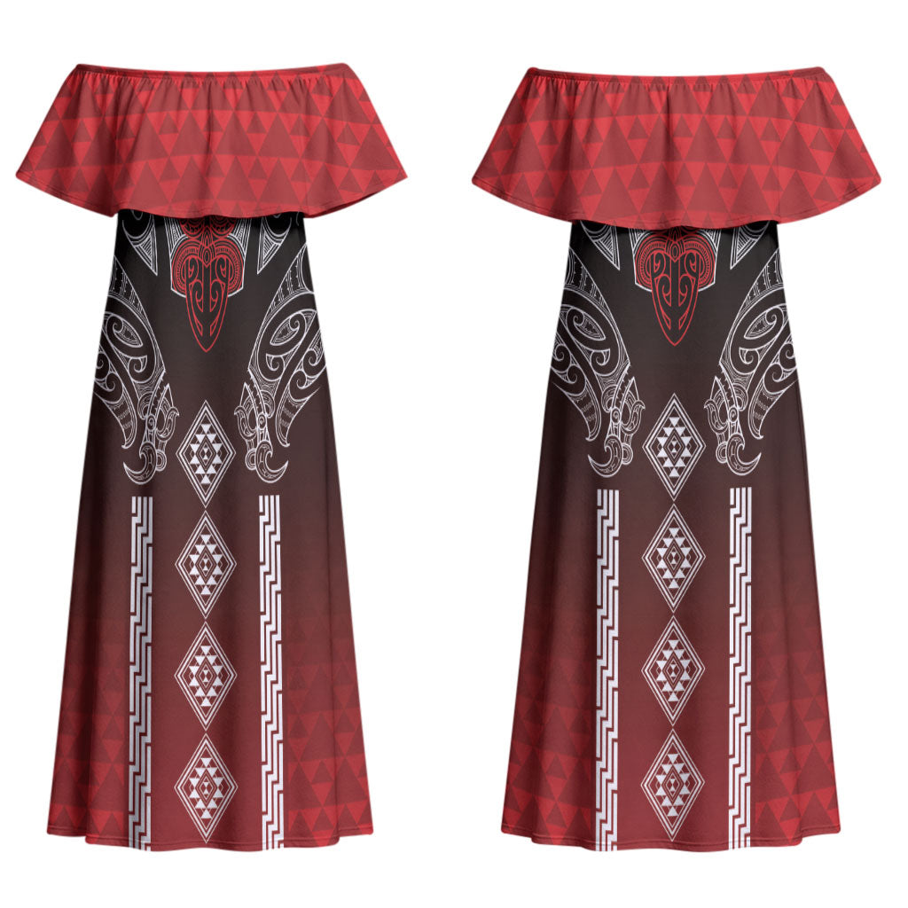 Aotearoa Maori Iwi Heritage Couples Matching Off Shoulder Maxi Dress and Hawaiian Shirt Ngapuhi Kokowai