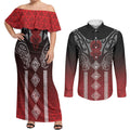 Aotearoa Maori Iwi Heritage Couples Matching Off Shoulder Maxi Dress and Long Sleeve Button Shirt Ngapuhi Kokowai