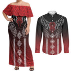 Aotearoa Maori Iwi Heritage Couples Matching Off Shoulder Maxi Dress and Long Sleeve Button Shirt Ngapuhi Kokowai