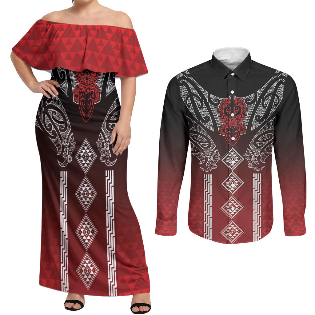 Aotearoa Maori Iwi Heritage Couples Matching Off Shoulder Maxi Dress and Long Sleeve Button Shirt Ngapuhi Kokowai