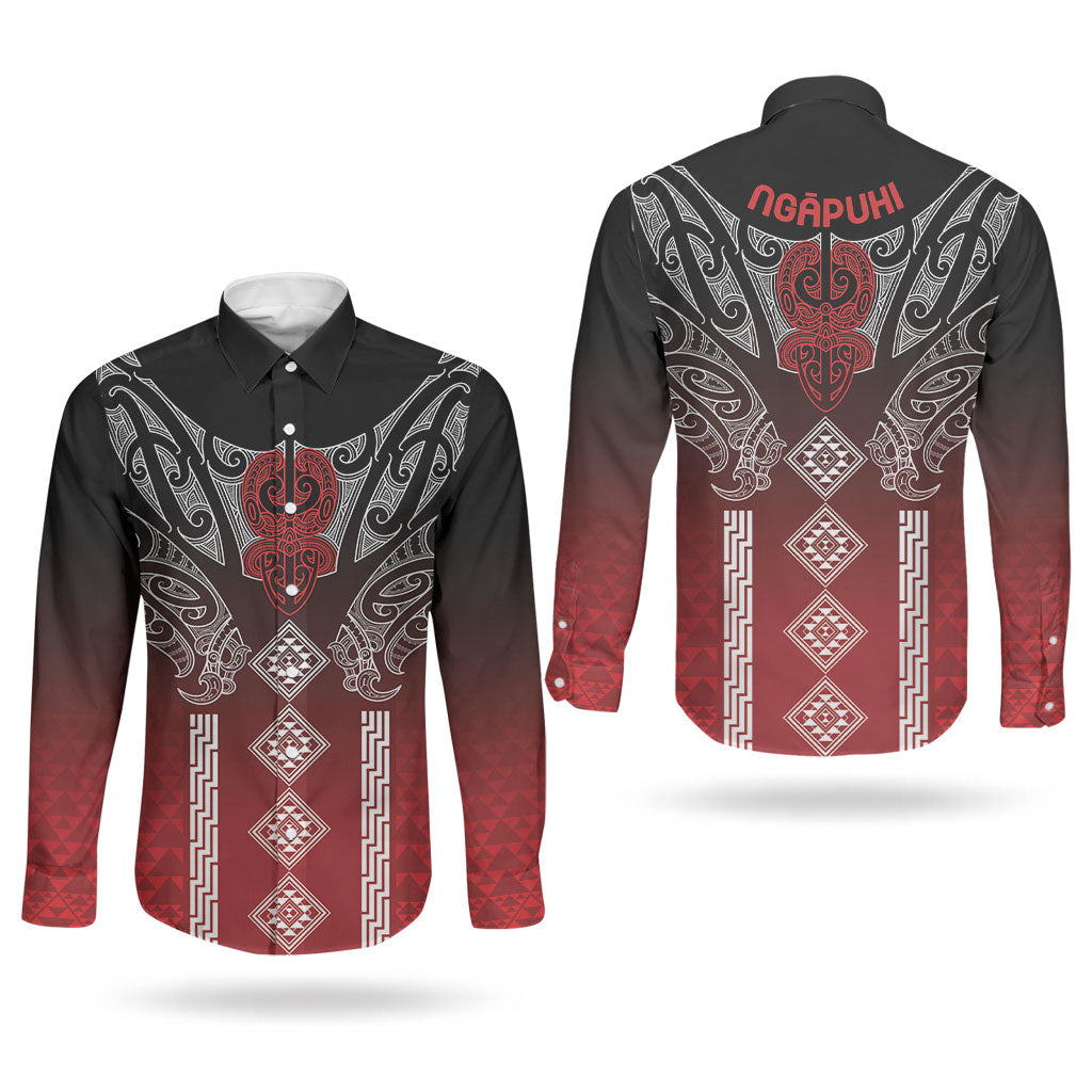 Aotearoa Maori Iwi Heritage Couples Matching Off Shoulder Maxi Dress and Long Sleeve Button Shirt Ngapuhi Kokowai