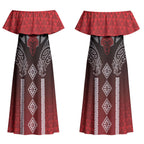 Aotearoa Maori Iwi Heritage Couples Matching Off Shoulder Maxi Dress and Long Sleeve Button Shirt Ngapuhi Kokowai