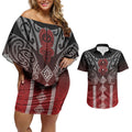Aotearoa Maori Iwi Heritage Couples Matching Off Shoulder Short Dress and Hawaiian Shirt Ngapuhi Kokowai