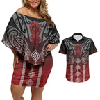 Aotearoa Maori Iwi Heritage Couples Matching Off Shoulder Short Dress and Hawaiian Shirt Ngapuhi Kokowai