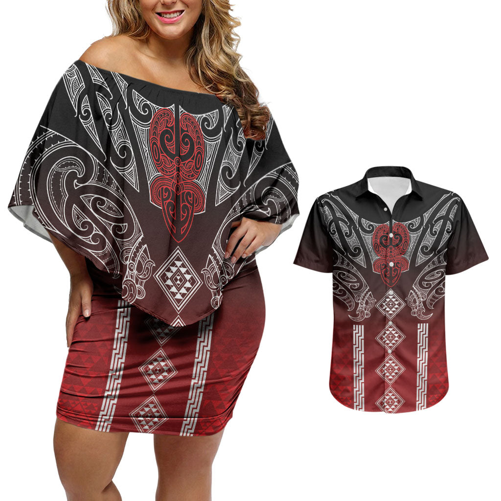 Aotearoa Maori Iwi Heritage Couples Matching Off Shoulder Short Dress and Hawaiian Shirt Ngapuhi Kokowai
