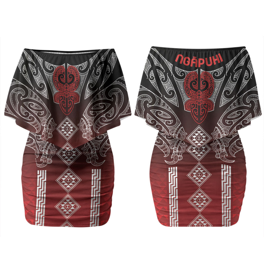 Aotearoa Maori Iwi Heritage Couples Matching Off Shoulder Short Dress and Hawaiian Shirt Ngapuhi Kokowai