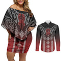 Aotearoa Maori Iwi Heritage Couples Matching Off Shoulder Short Dress and Long Sleeve Button Shirt Ngapuhi Kokowai