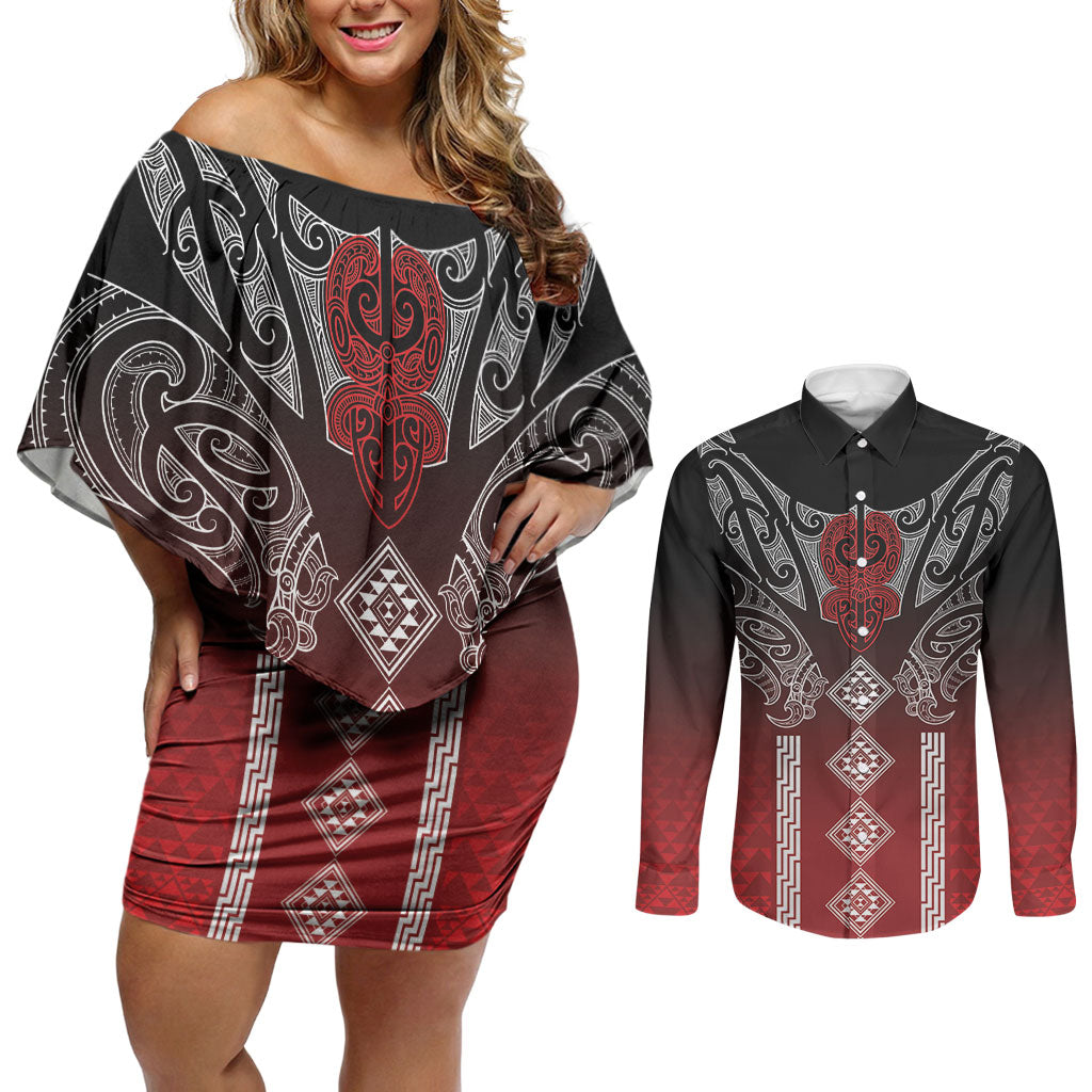 Aotearoa Maori Iwi Heritage Couples Matching Off Shoulder Short Dress and Long Sleeve Button Shirt Ngapuhi Kokowai
