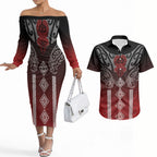 Aotearoa Maori Iwi Heritage Couples Matching Off The Shoulder Long Sleeve Dress and Hawaiian Shirt Ngapuhi Kokowai