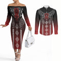 Aotearoa Maori Iwi Heritage Couples Matching Off The Shoulder Long Sleeve Dress and Long Sleeve Button Shirt Ngapuhi Kokowai