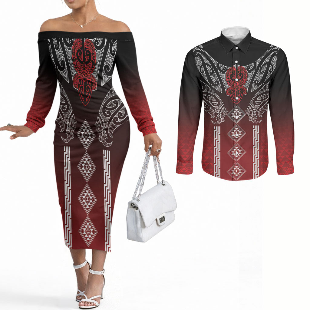 Aotearoa Maori Iwi Heritage Couples Matching Off The Shoulder Long Sleeve Dress and Long Sleeve Button Shirt Ngapuhi Kokowai