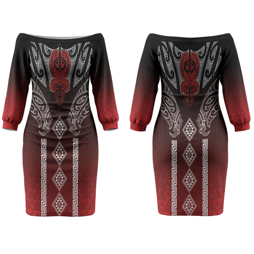 Aotearoa Maori Iwi Heritage Couples Matching Off The Shoulder Long Sleeve Dress and Long Sleeve Button Shirt Ngapuhi Kokowai
