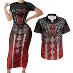 Aotearoa Maori Iwi Heritage Couples Matching Short Sleeve Bodycon Dress and Hawaiian Shirt Ngapuhi Kokowai