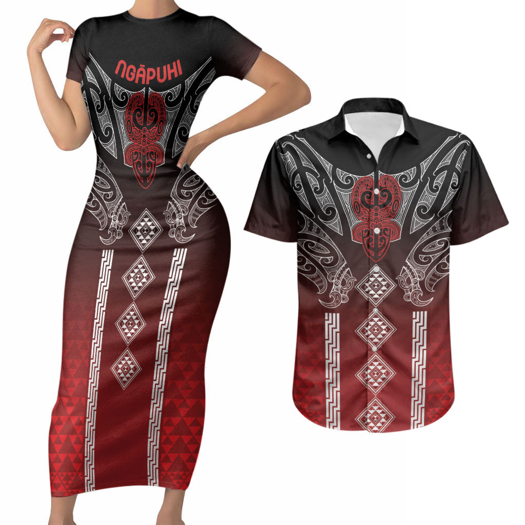 Aotearoa Maori Iwi Heritage Couples Matching Short Sleeve Bodycon Dress and Hawaiian Shirt Ngapuhi Kokowai