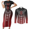 Aotearoa Maori Iwi Heritage Couples Matching Short Sleeve Bodycon Dress and Long Sleeve Button Shirt Ngapuhi Kokowai