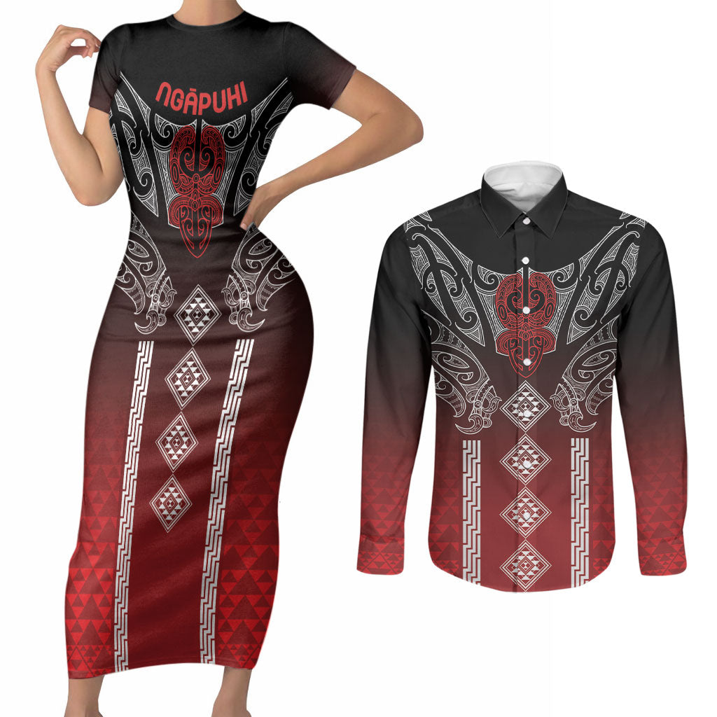 Aotearoa Maori Iwi Heritage Couples Matching Short Sleeve Bodycon Dress and Long Sleeve Button Shirt Ngapuhi Kokowai