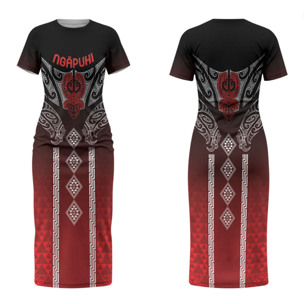 Aotearoa Maori Iwi Heritage Couples Matching Short Sleeve Bodycon Dress and Long Sleeve Button Shirt Ngapuhi Kokowai