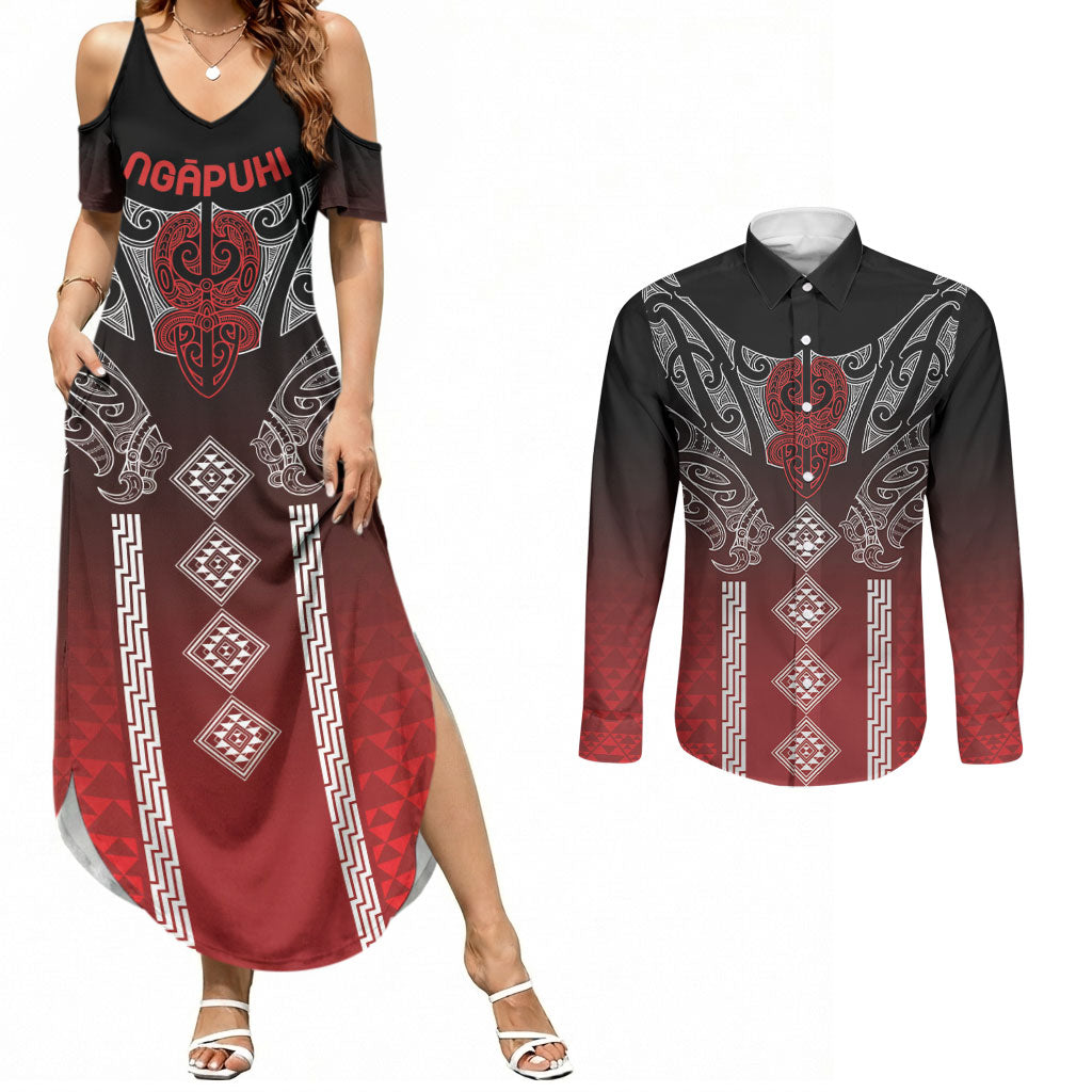 Aotearoa Maori Iwi Heritage Couples Matching Summer Maxi Dress and Long Sleeve Button Shirt Ngapuhi Kokowai