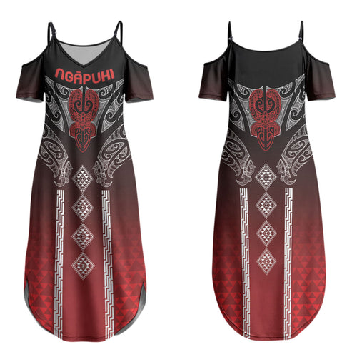 Aotearoa Maori Iwi Heritage Couples Matching Summer Maxi Dress and Long Sleeve Button Shirt Ngapuhi Kokowai