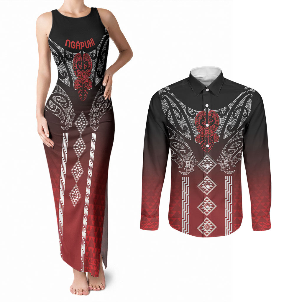 Aotearoa Maori Iwi Heritage Couples Matching Tank Maxi Dress and Long Sleeve Button Shirt Ngapuhi Kokowai