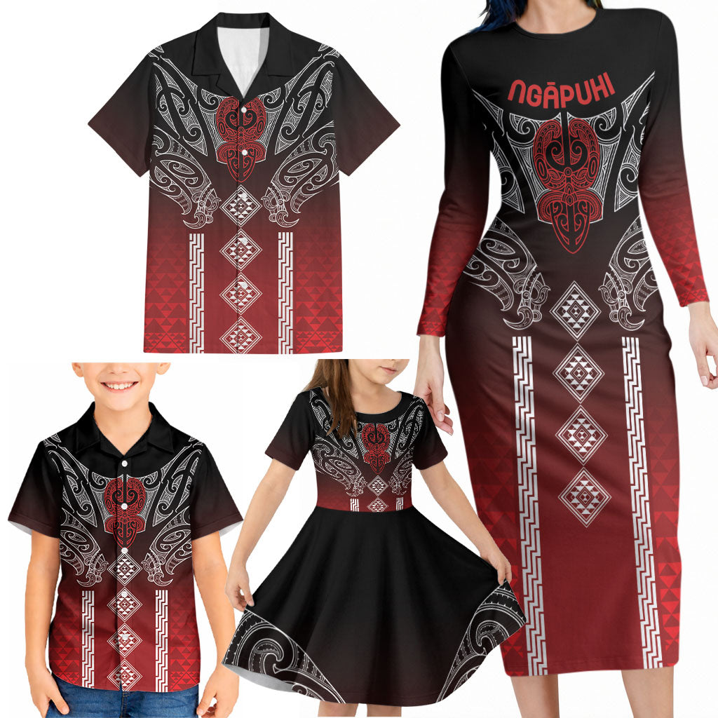 Aotearoa Maori Iwi Heritage Family Matching Long Sleeve Bodycon Dress and Hawaiian Shirt Ngapuhi Kokowai
