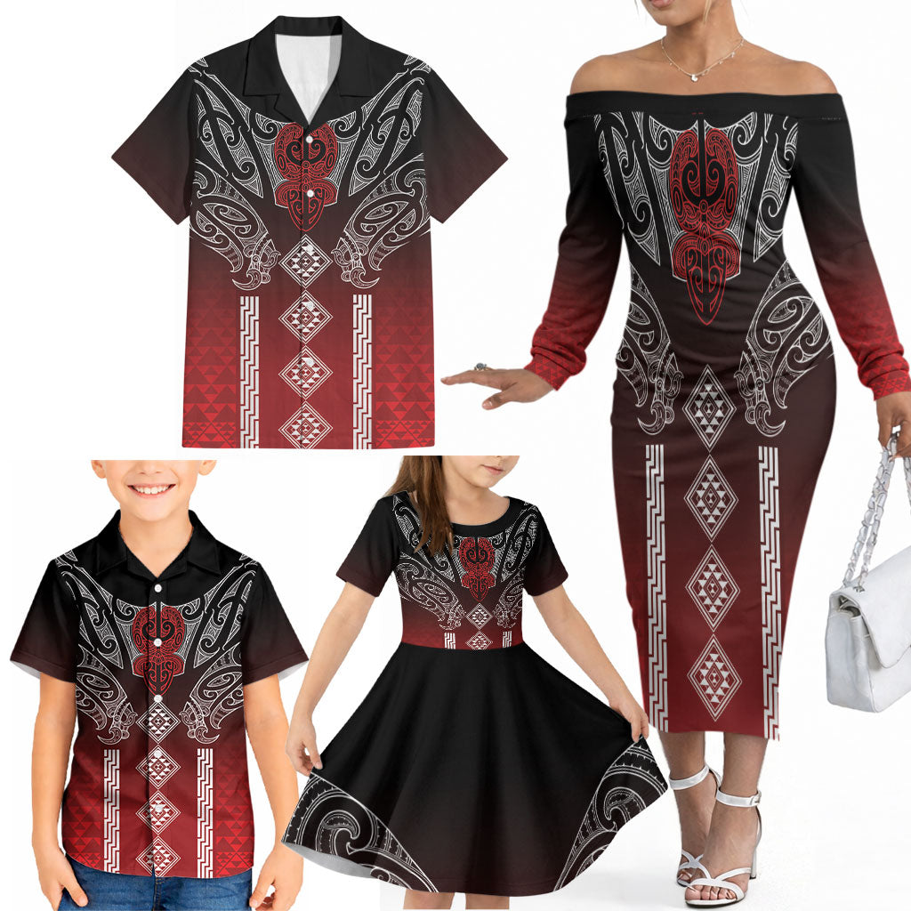 Aotearoa Maori Iwi Heritage Family Matching Off The Shoulder Long Sleeve Dress and Hawaiian Shirt Ngapuhi Kokowai