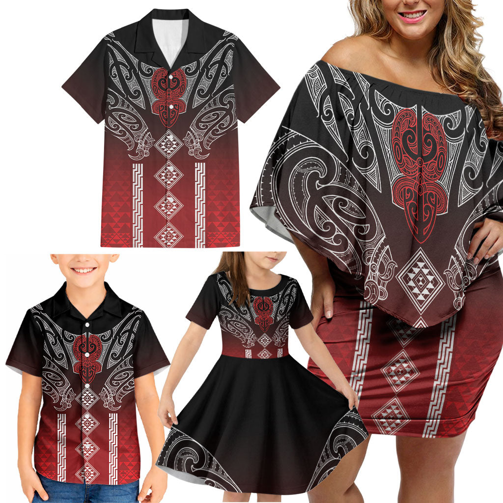 Aotearoa Maori Iwi Heritage Family Matching Off Shoulder Short Dress and Hawaiian Shirt Ngapuhi Kokowai