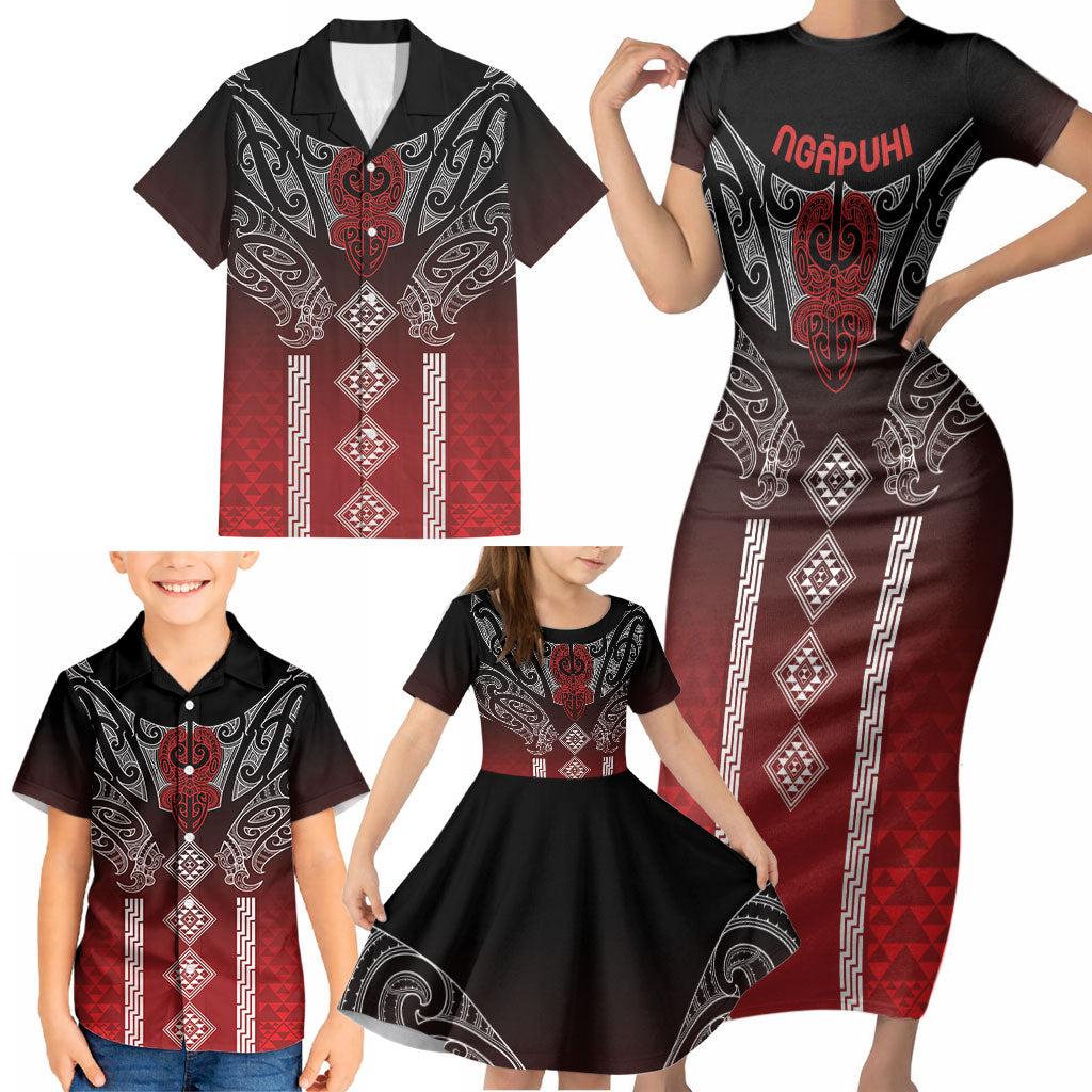 Aotearoa Maori Iwi Heritage Family Matching Short Sleeve Bodycon Dress and Hawaiian Shirt Ngapuhi Kokowai