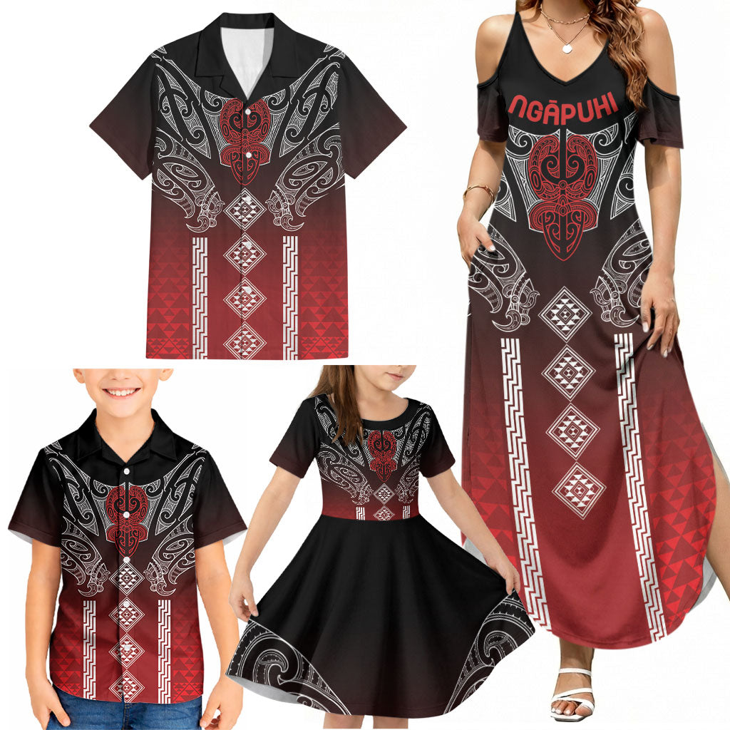 Aotearoa Maori Iwi Heritage Family Matching Summer Maxi Dress and Hawaiian Shirt Ngapuhi Kokowai