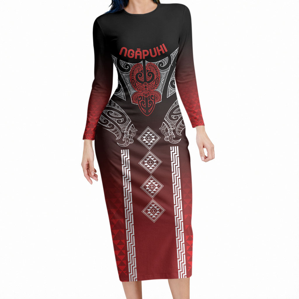 Aotearoa Maori Iwi Heritage Long Sleeve Bodycon Dress Ngapuhi Kokowai